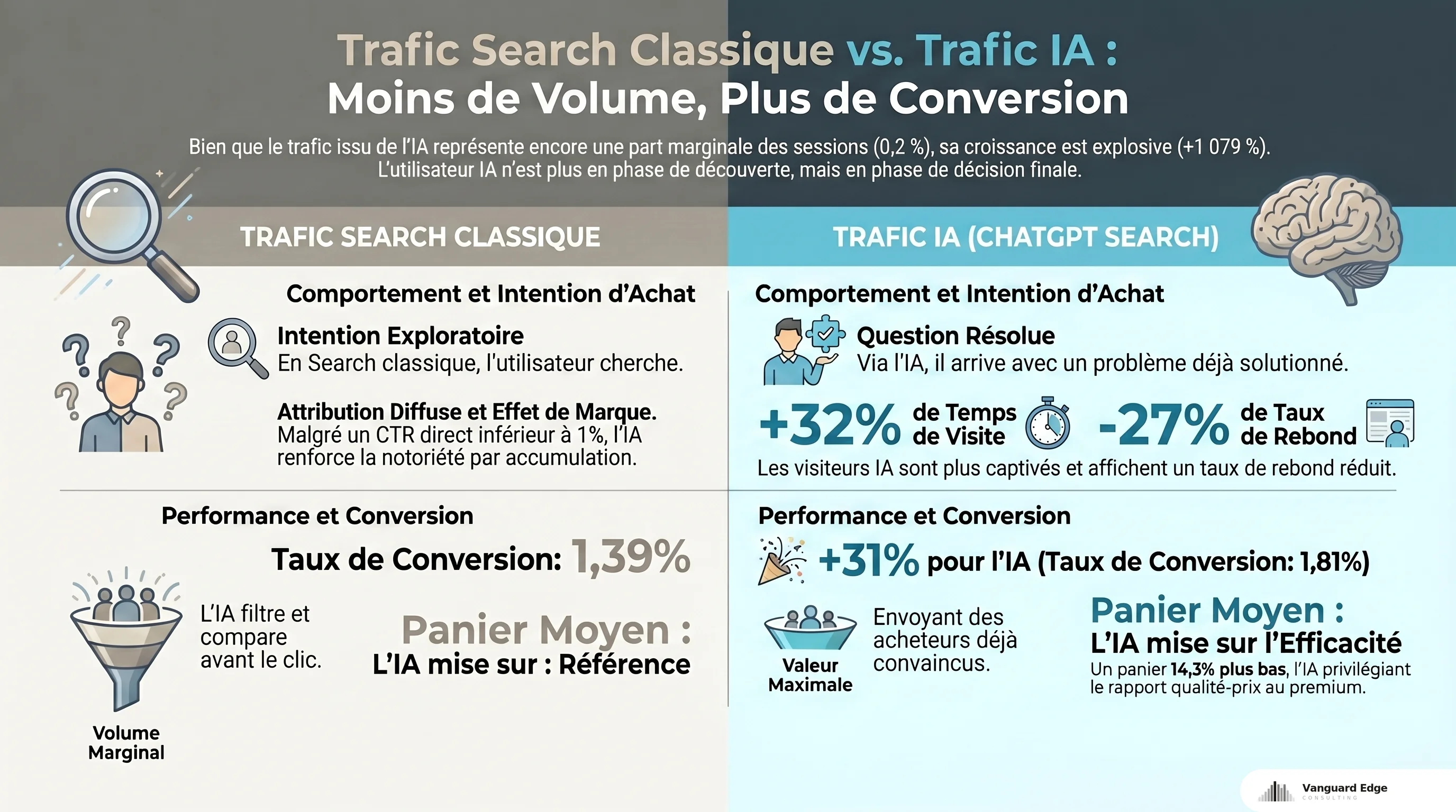 Trafic search classique vs trafic IA : volume marginal mais conversion 1.81% (+31%) et -27% de taux de rebond