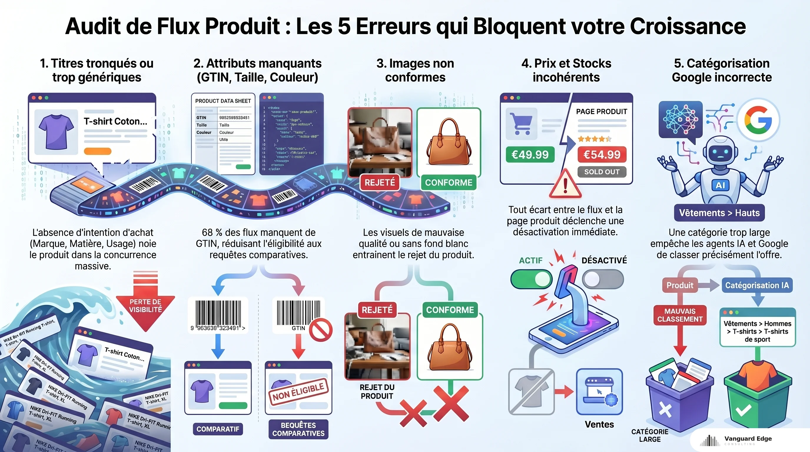 Les 5 erreurs de flux produit qui bloquent la croissance : titres, attributs, images, prix, catégorisation