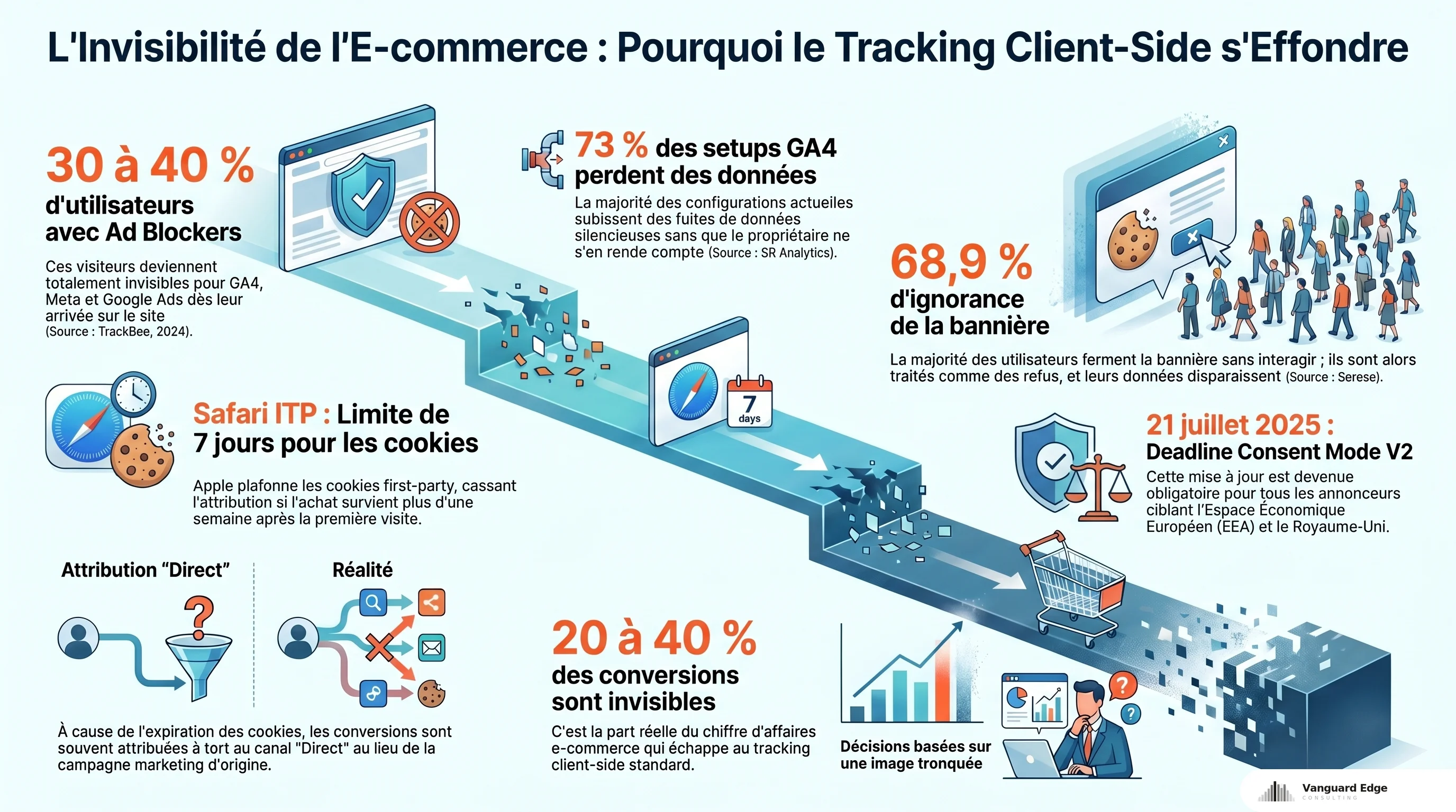 Effondrement du tracking client-side : 30-40% ad blockers, 73% GA4 perdent des données, 20-40% conversions invisibles