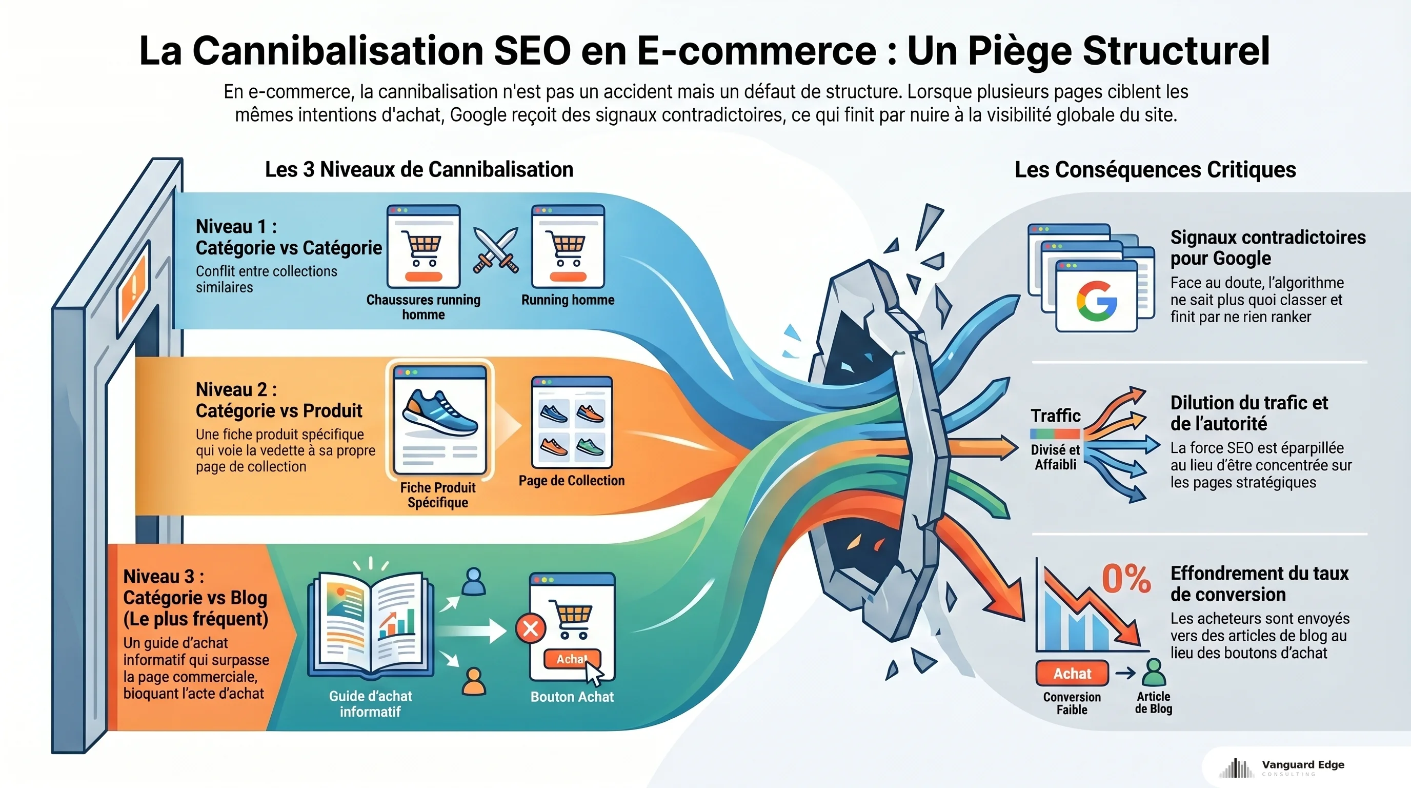 3 niveaux de cannibalisation SEO : catégorie vs catégorie, catégorie vs produit, catégorie vs blog (le plus fréquent)