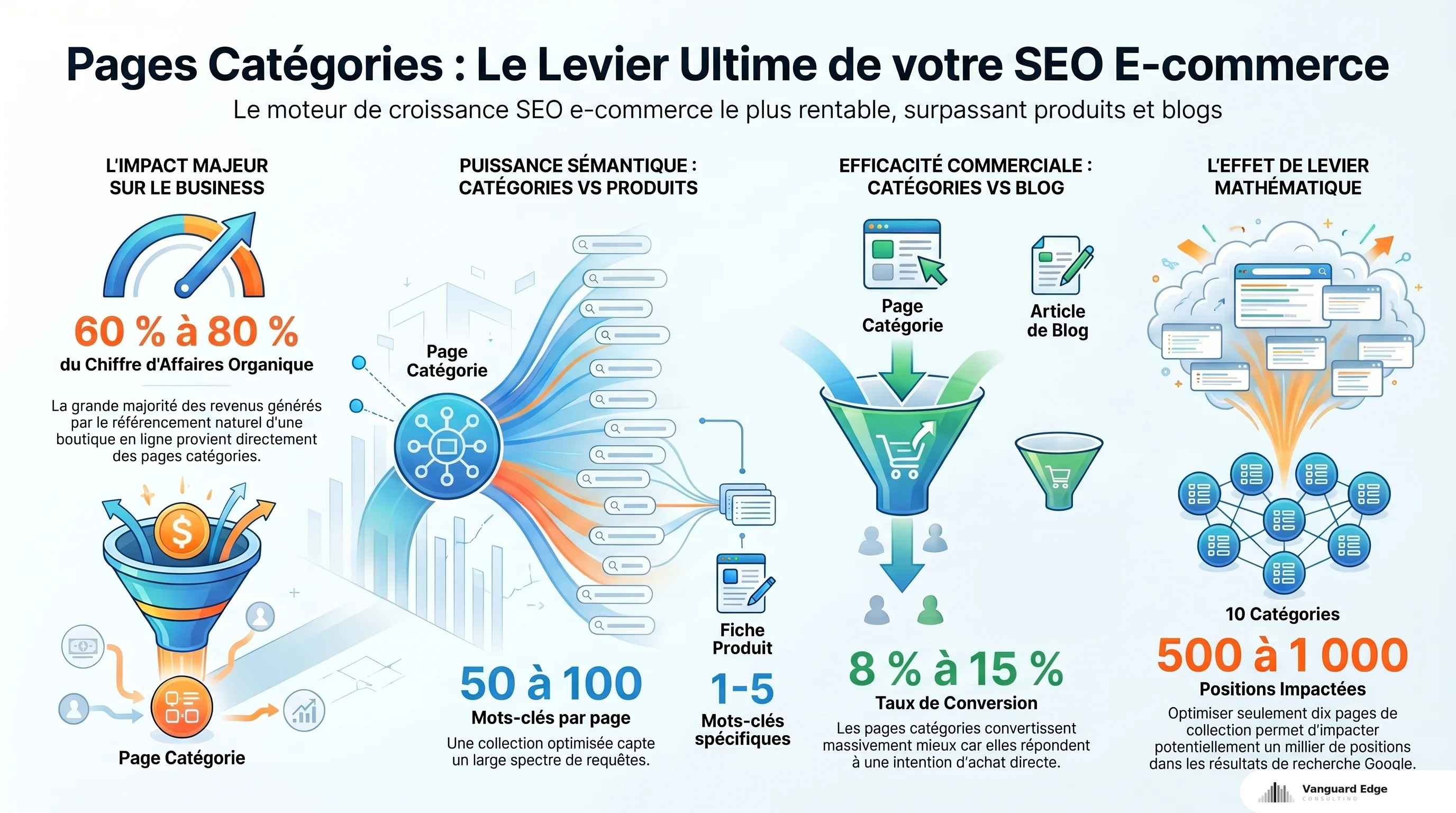 Pages catégories : 60-80% du CA organique, 50-100 mots-clés par page, conversion 8-15% vs blog 1-3%