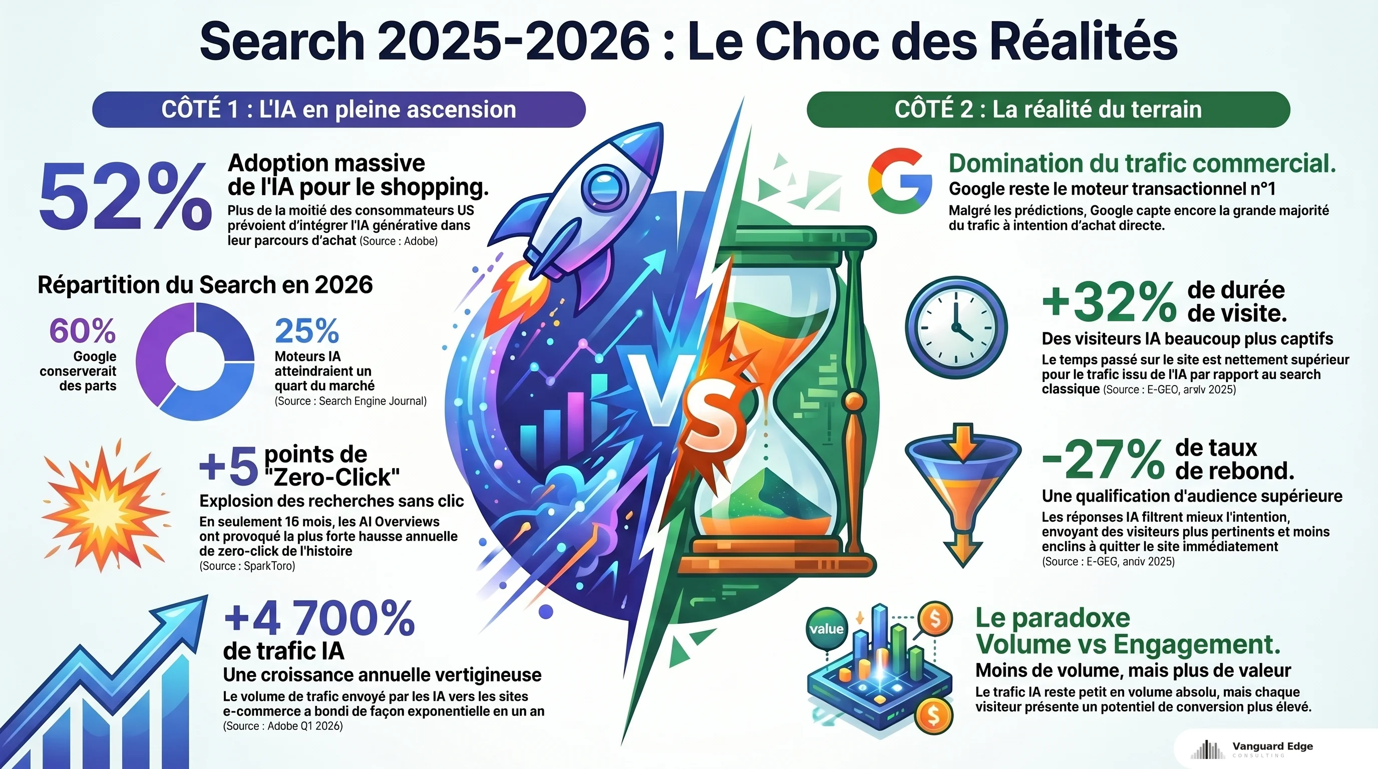 Chiffres search 2025-2026 : progression IA (+4700% trafic, 25% parts marché) vs réalité terrain (+32% engagement)