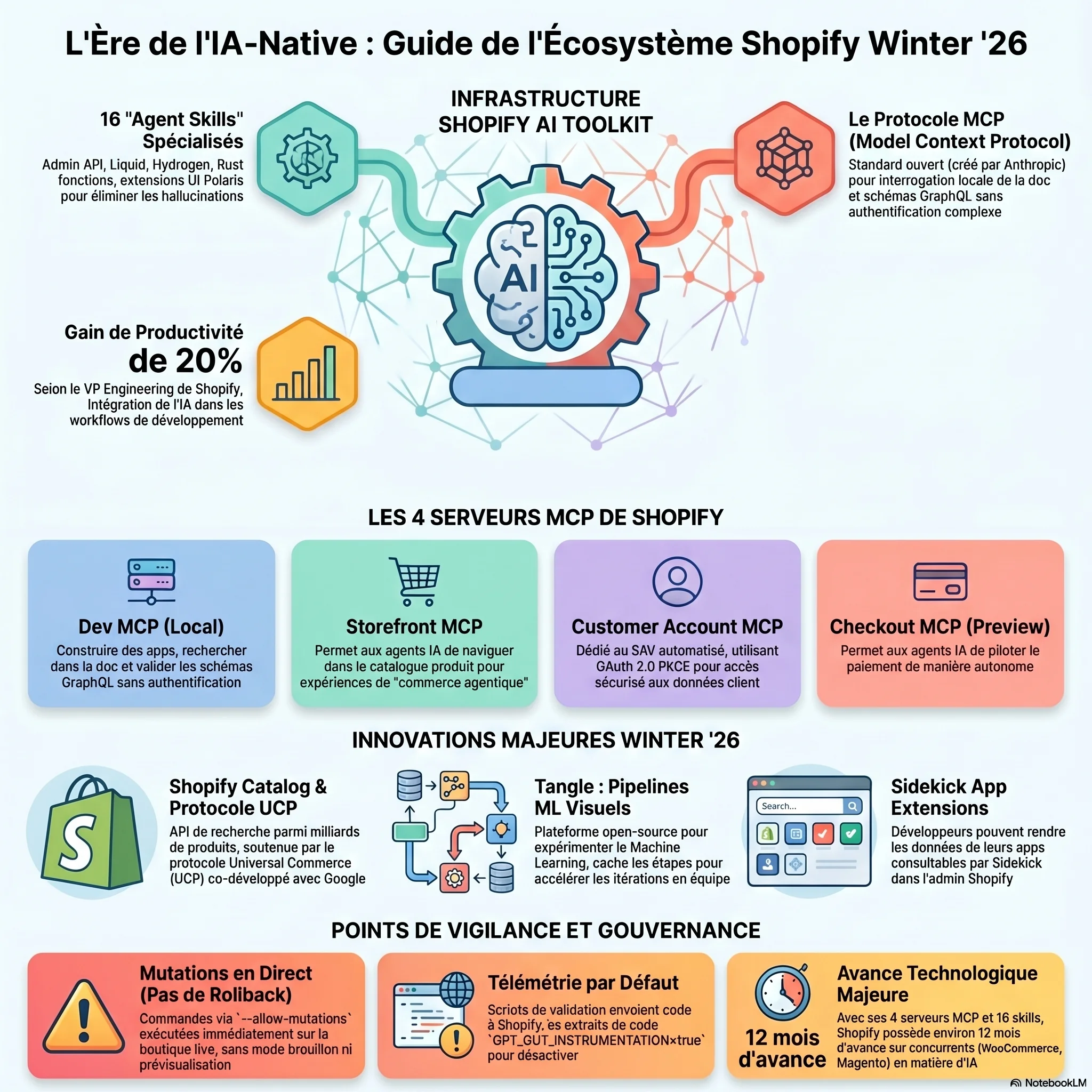Vue d'ensemble de l'écosystème Shopify IA-Native : infrastructure AI Toolkit, les 4 serveurs MCP, innovations Winter '26 et points de vigilance