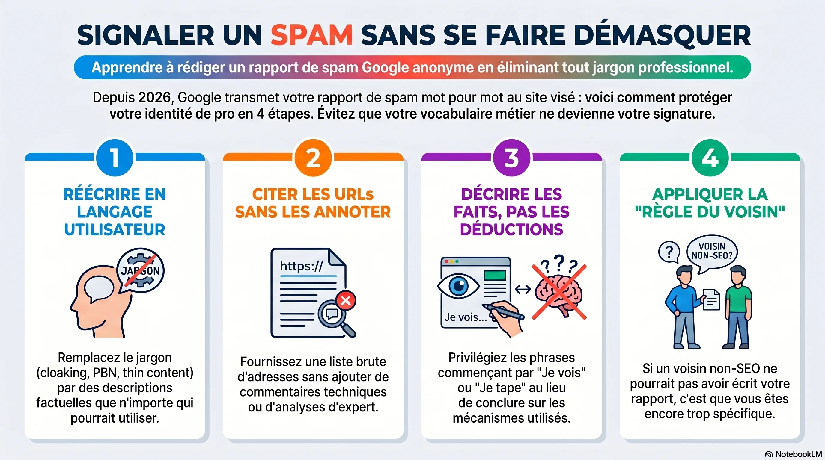 Infographie chapitre : mode d'emploi anti-signature en 4 étapes pour signaler un spam à Google