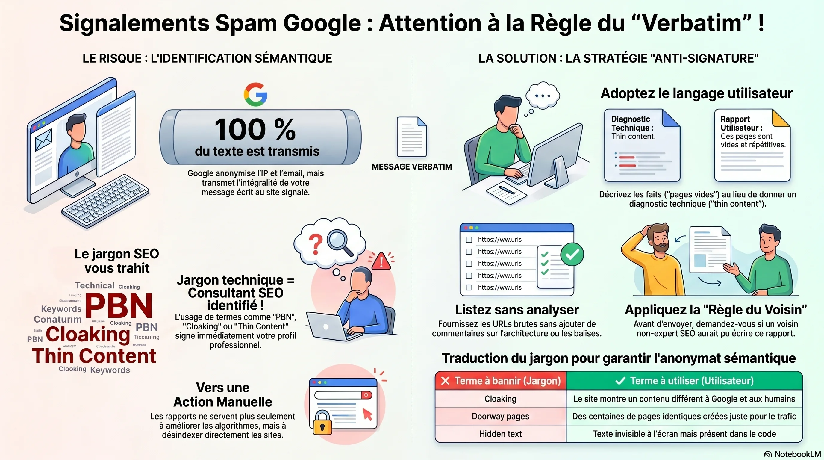 Infographie principale : signalements spam et règle verbatim, vue d'ensemble