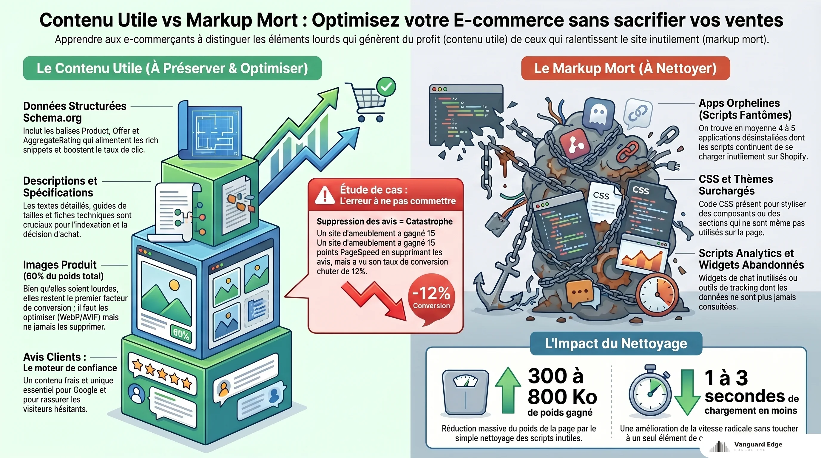 Contenu utile vs markup mort : -12% conversion si suppression avis, 300-800 Ko gagnés en nettoyant scripts morts
