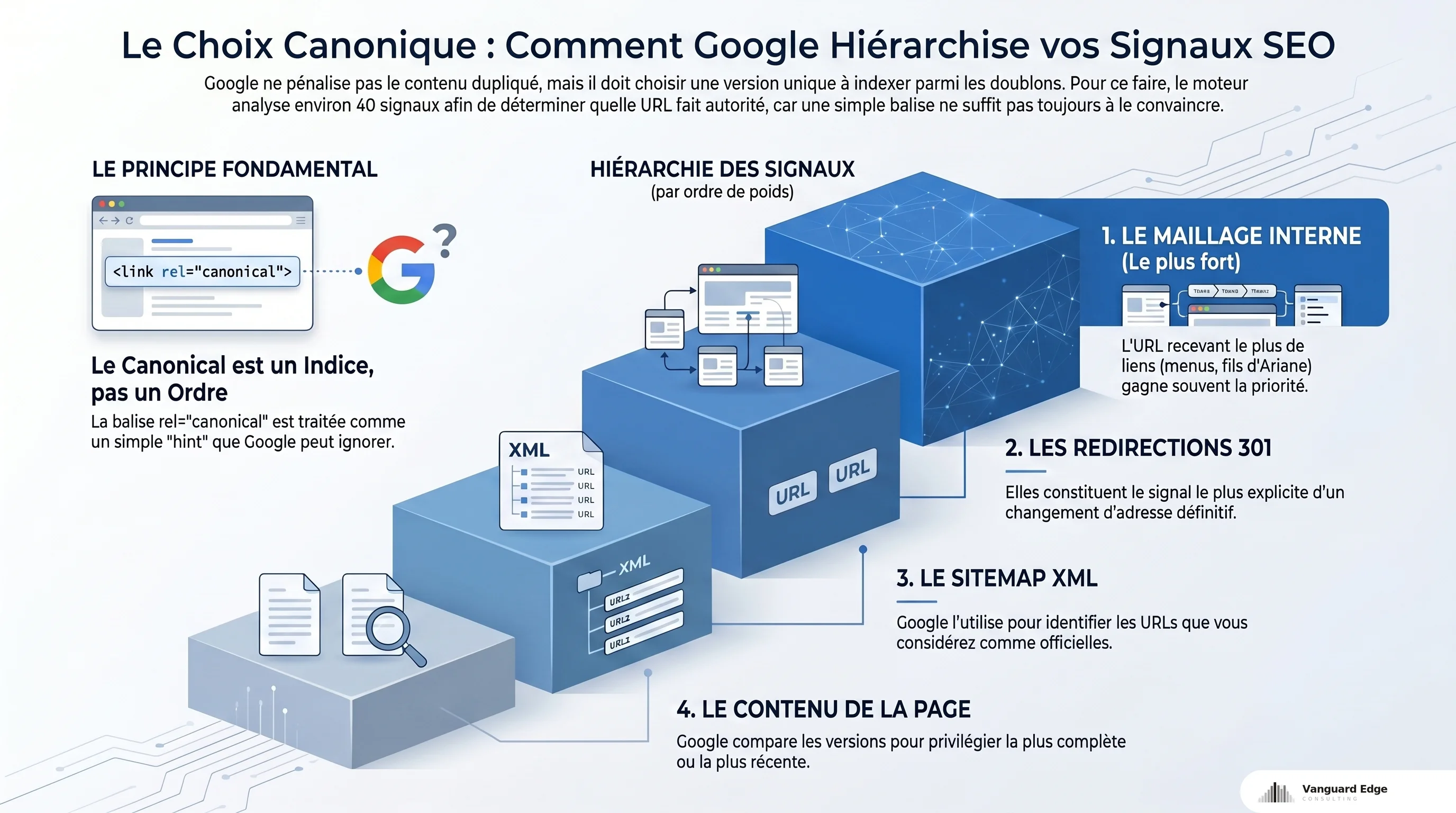 Hiérarchie signaux canoniques Google : maillage interne > 301 > sitemap > contenu. Canonical = indice, pas ordre