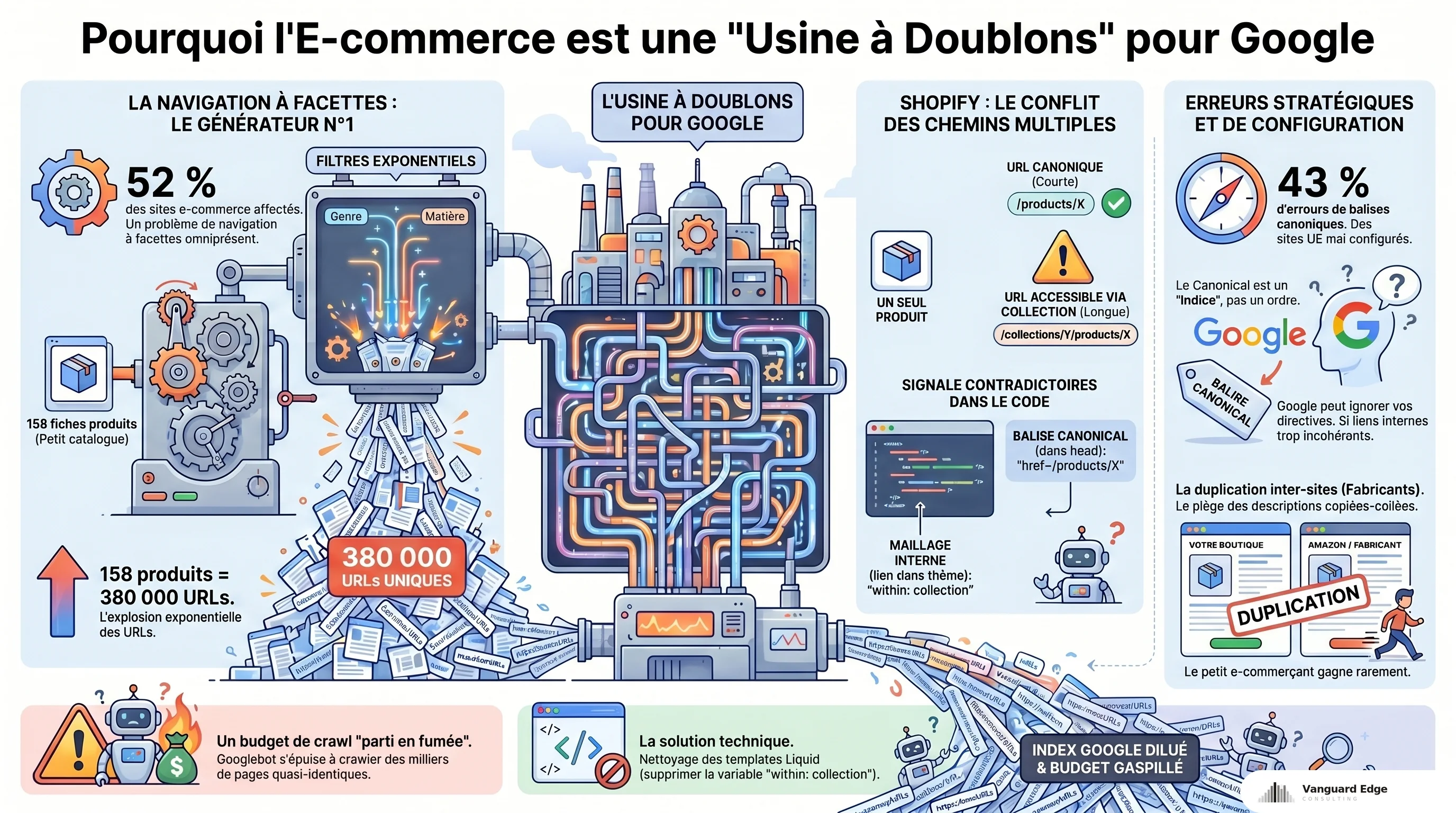 E-commerce usine à doublons : 158 produits = 380 000 URLs via facettes, 52% sites touchés, 43% erreurs canonical
