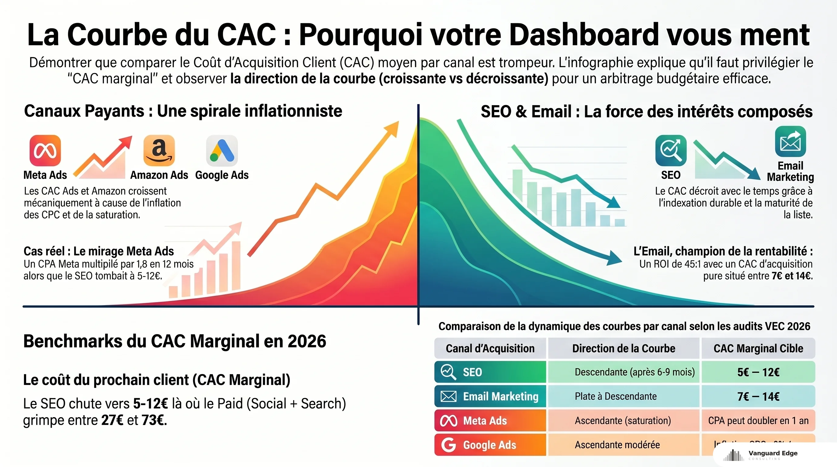 Tableau VEC des canaux d'acquisition selon la direction de la courbe CAC : SEO et email en courbe descendante avec CAC marginal cible 5 à 14 euros, Meta Ads et Google Ads en courbe croissante avec CPA en accélération, Amazon Sponsored en hausse mécanique liée à la concurrence interne