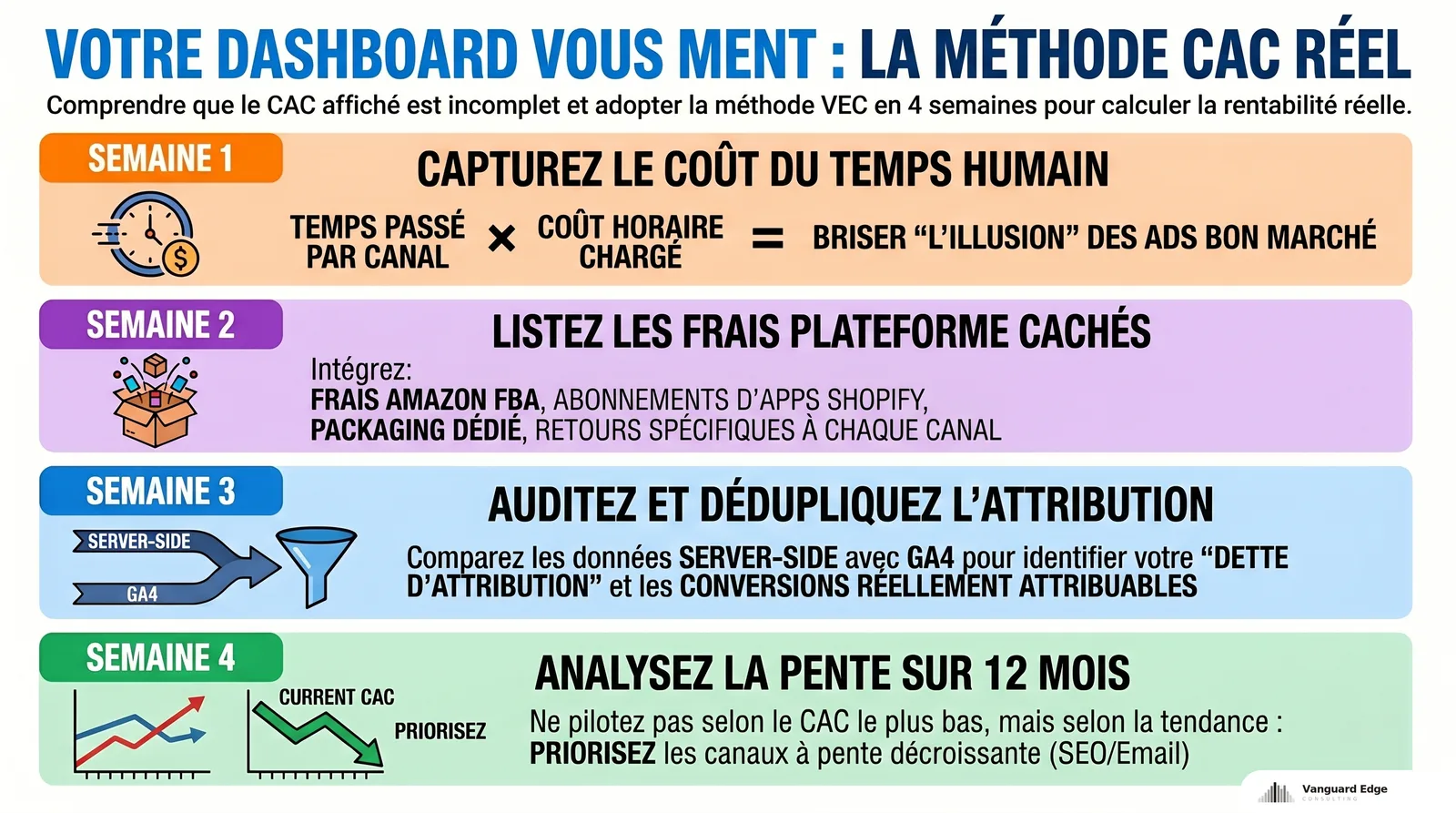 Méthode VEC en 4 semaines pour recalculer le CAC réel par canal e-commerce : semaine 1 capture du coût du temps humain, semaine 2 listing des frais plateforme cachés Amazon FBA et abonnements Shopify, semaine 3 audit et déduplication attribution server-side vs GA4, semaine 4 analyse de la pente sur 12 mois pour prioriser les canaux à pente décroissante SEO et email