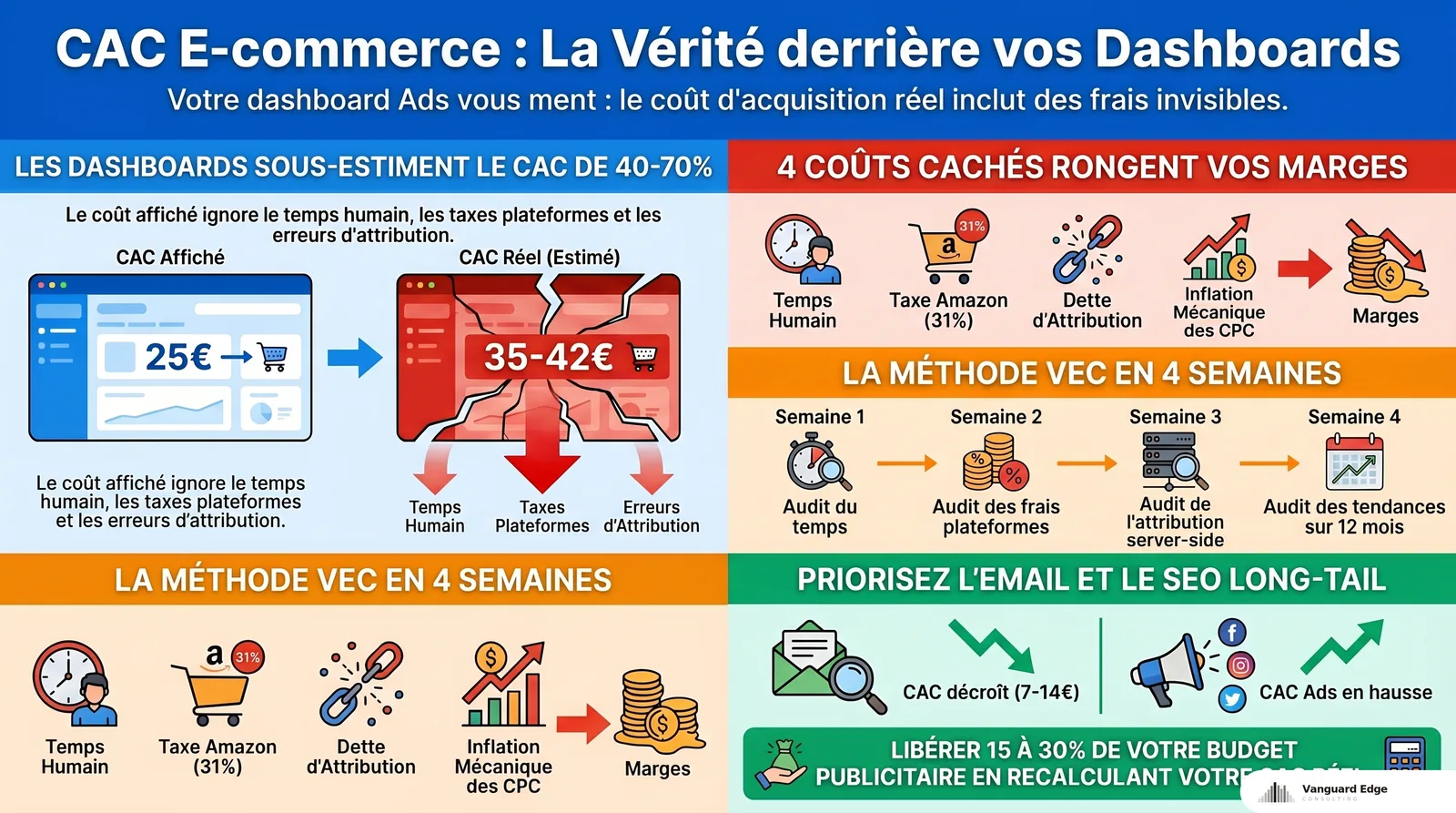 Vrai CAC e-commerce vue d'ensemble : les dashboards Ads sous-estiment le CAC de 40 à 70%, quatre coûts cachés rongent les marges (temps humain, taxe Amazon 31%, dette d'attribution, inflation mécanique des CPC), méthode VEC en 4 semaines (audit du temps, audit des frais plateformes, audit de l'attribution server-side, audit des tendances sur 12 mois), prioriser l'email et le SEO long-tail dont le CAC décroît à 7-14€
