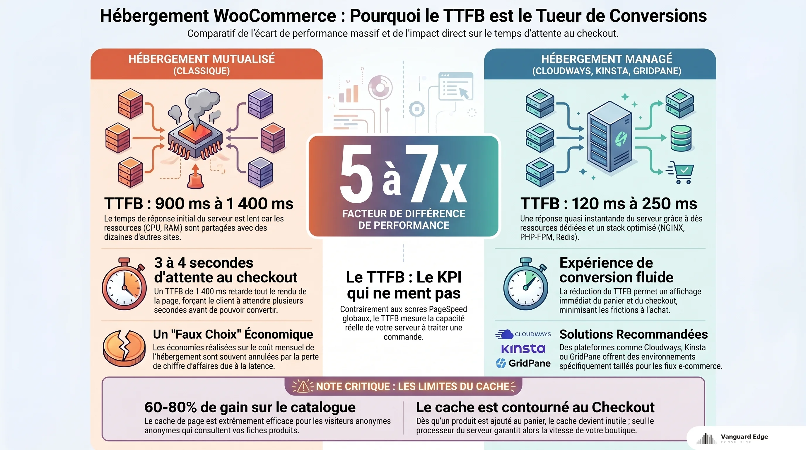 TTFB mutualisé (900-1400ms) vs managé Cloudways/Kinsta (120-250ms) : facteur 5-7, cache 60-80% gain catalogue